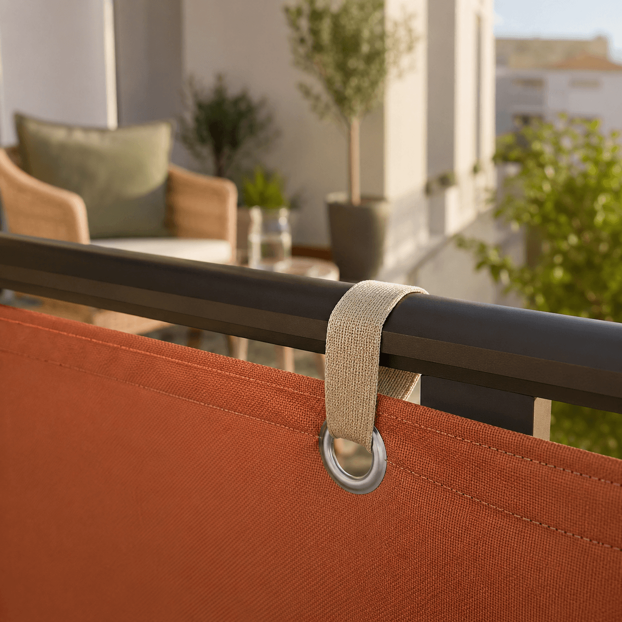 Close detail of a tie secured through a reinforced eyelet