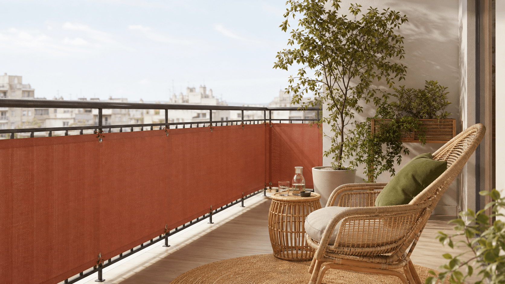 A private apartment balcony wrapped in a warm tie-on privacy screen