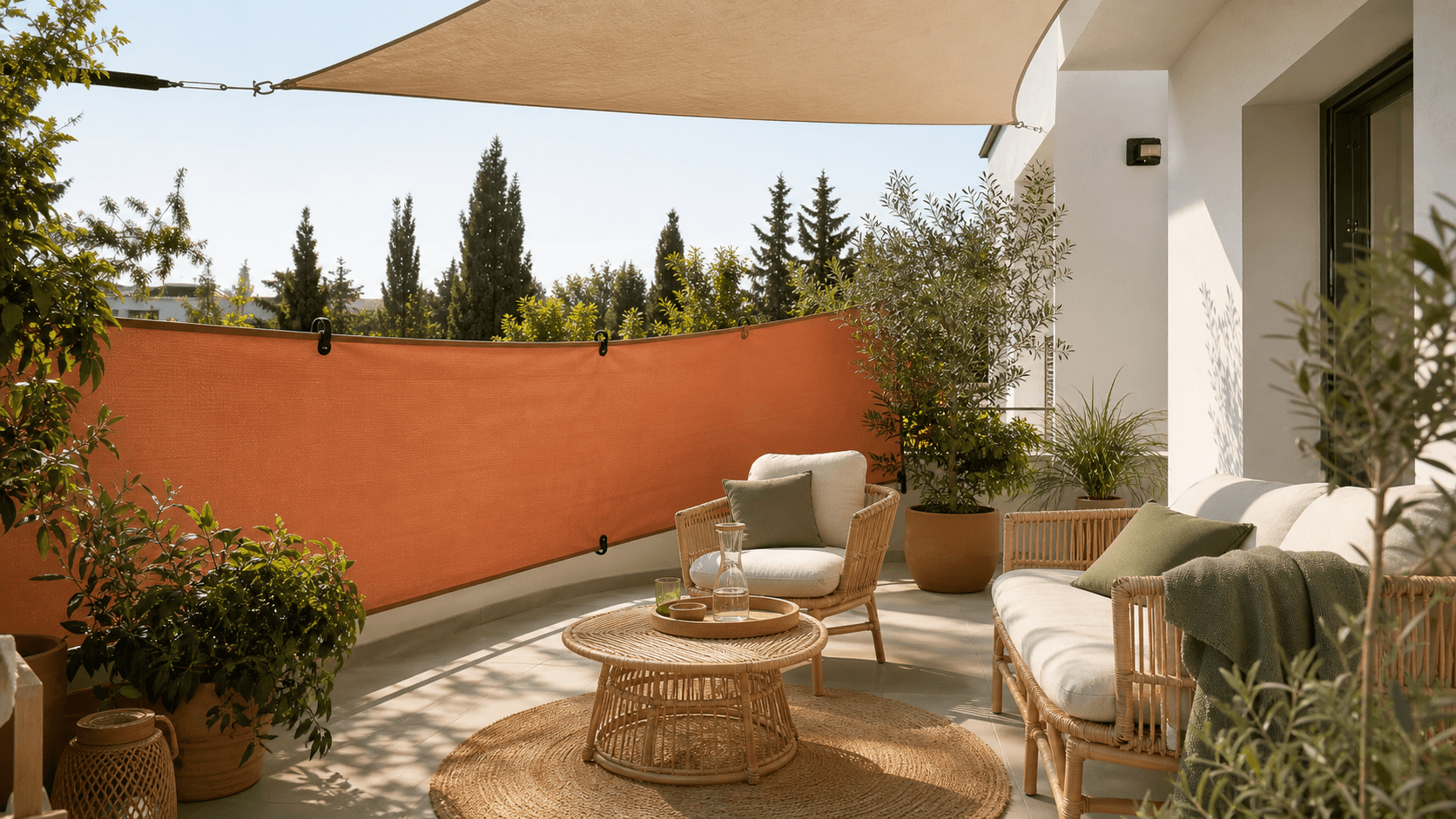 Rectangle shade sail in use over a calm terrace