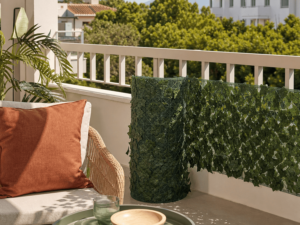 Faux Ivy Screening Roll installed in a realistic balcony or terrace setting