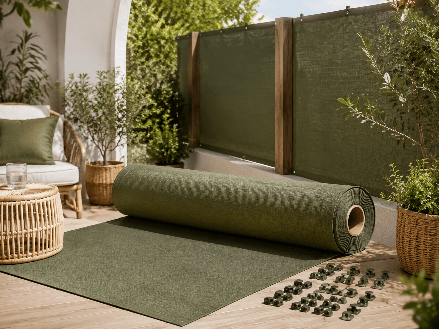 Fence Screening Roll 10m installed in a realistic balcony or terrace setting