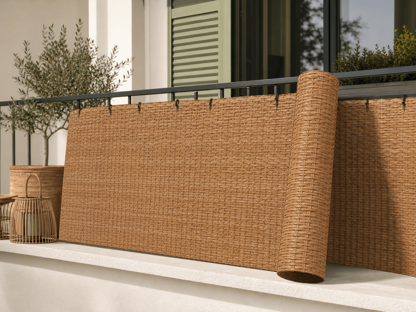 Rattan-Look Cladding Roll installed in a realistic balcony or terrace setting