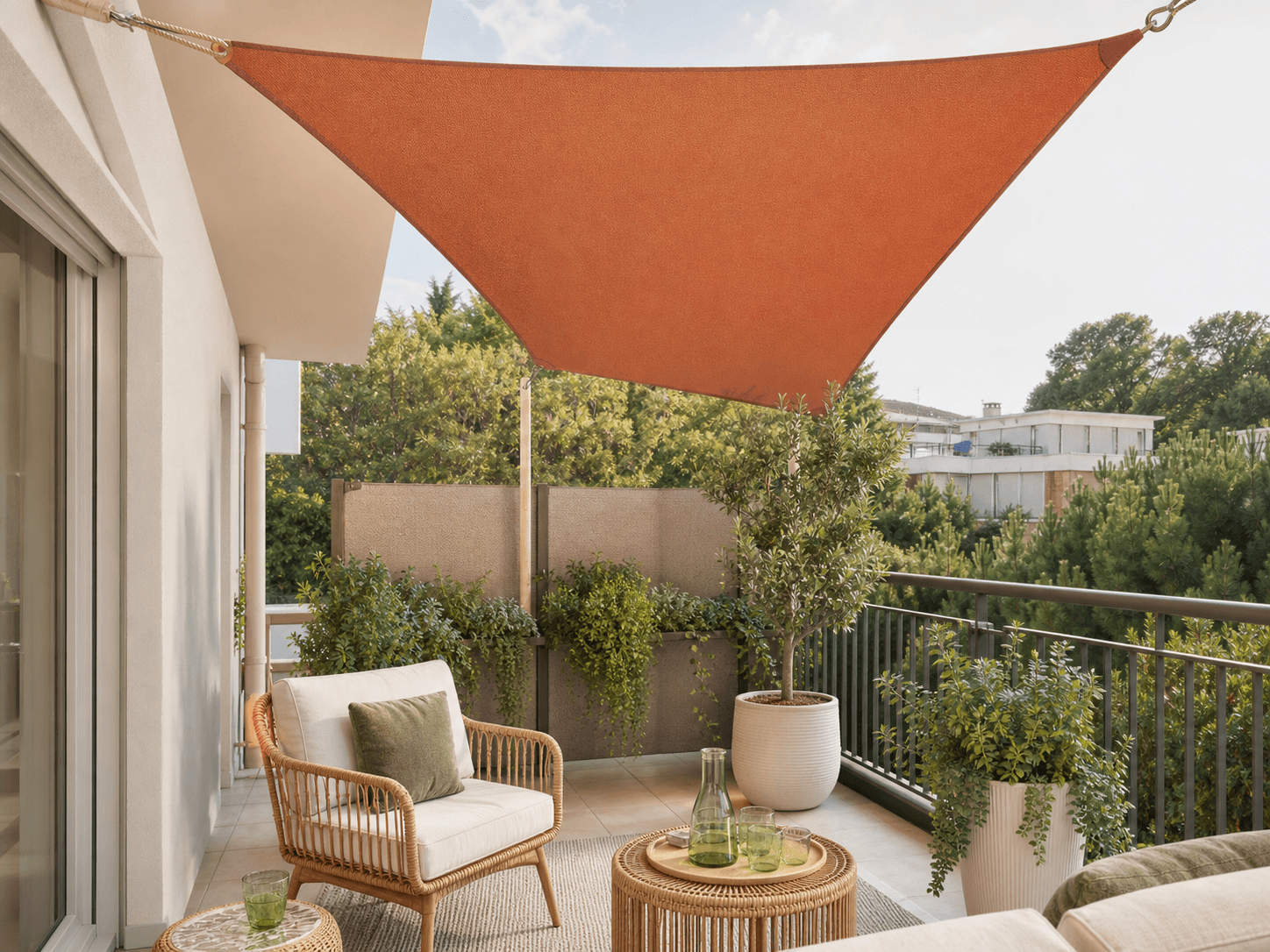 Triangle Shade Sail 3m installed in a realistic balcony or terrace setting